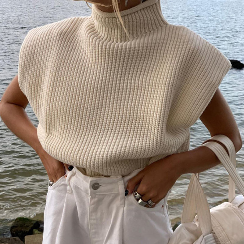 Summer e autunno alla moda senza maniche Turtleneck Elegant Crop Top